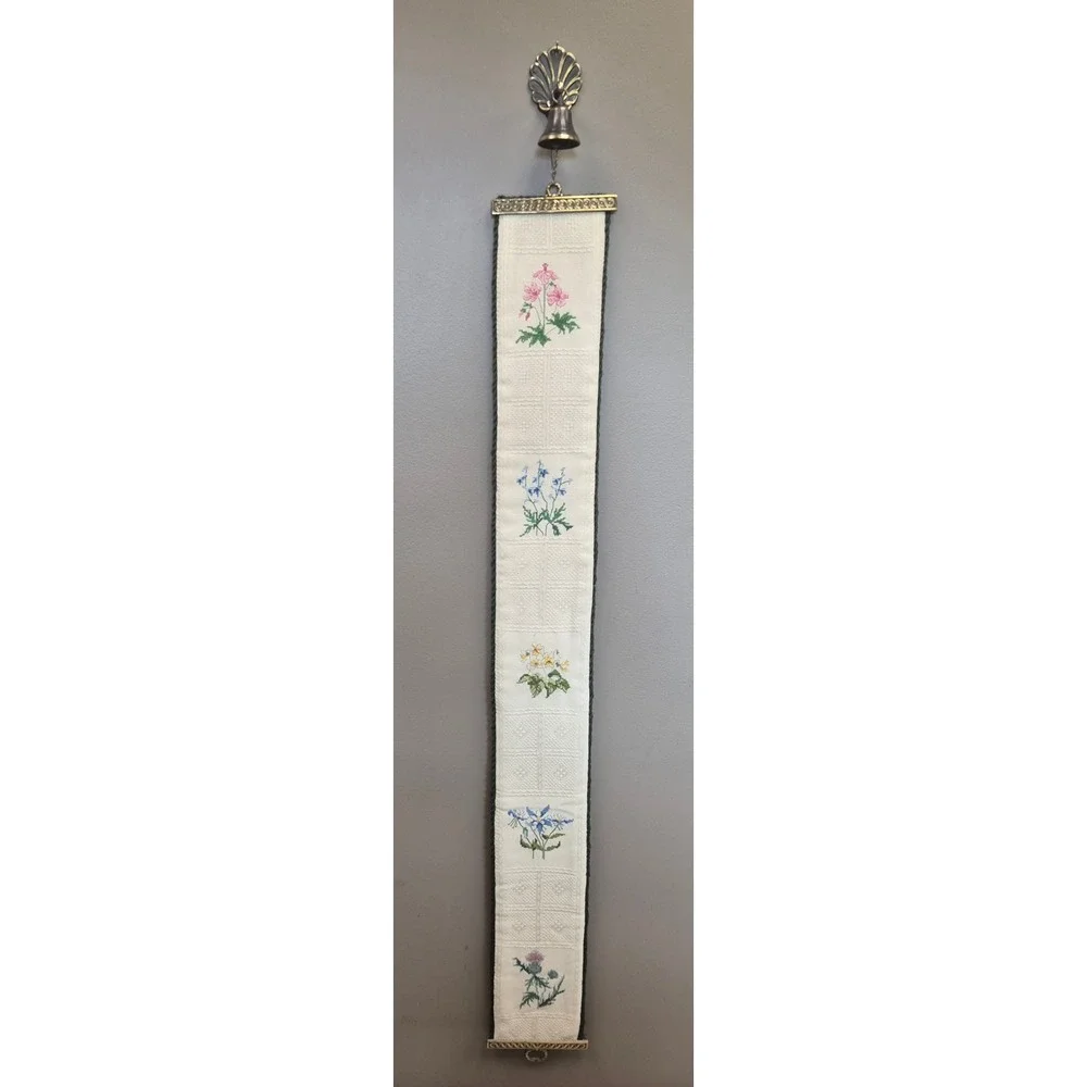 Vintage 5 Ft Floral Cross Stitch Bell Pull Brass Bell Tapestry Wall Hanging 60in